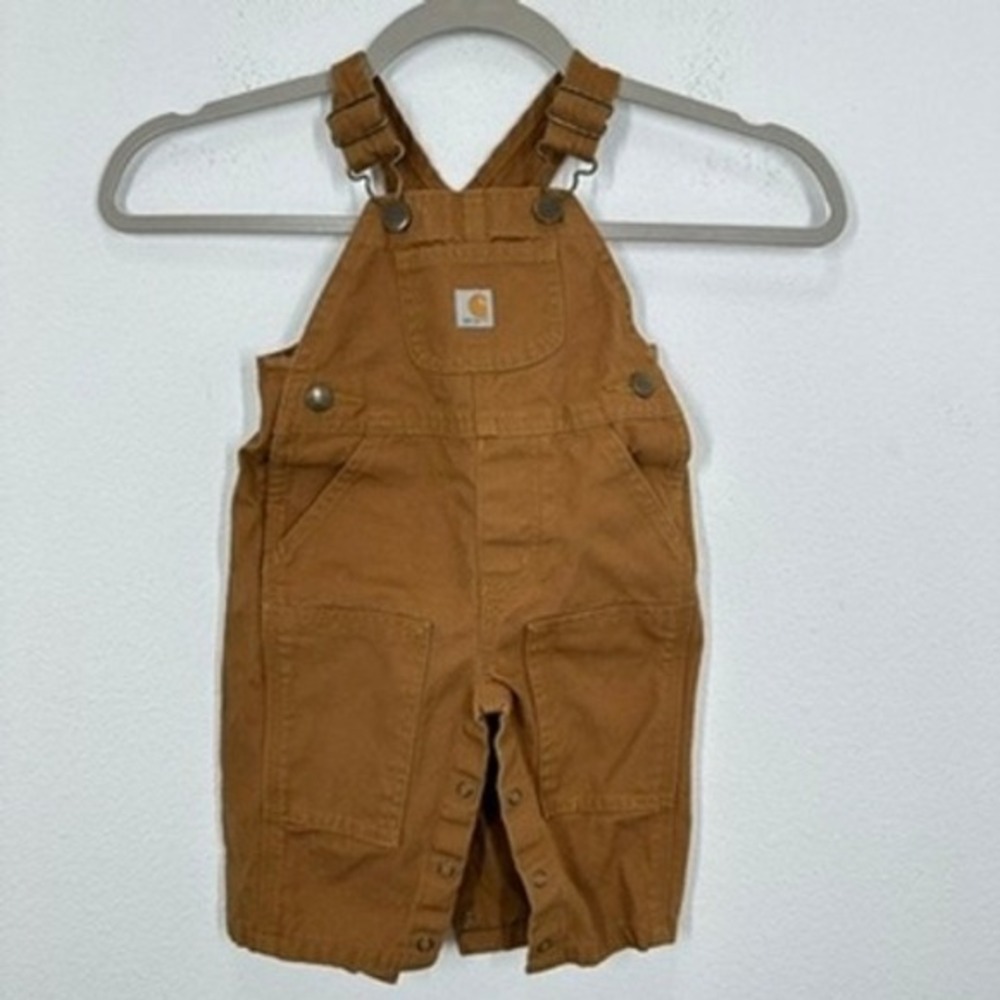 Carhartt Baby Toddler Set Brown Canvas Bib Overalls and Black Sweatshirt Size 6M - Picture 4 of 16